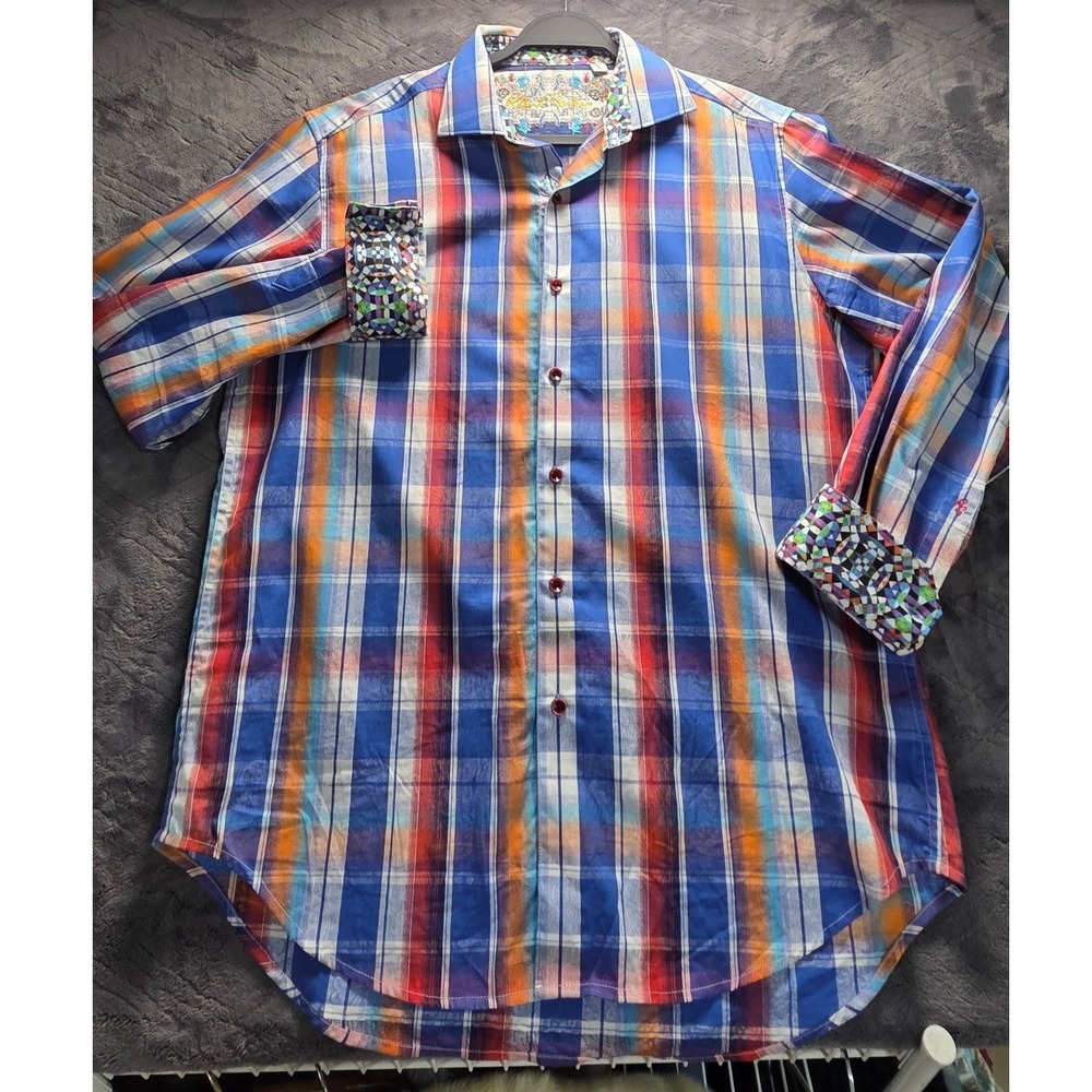 Robert Graham Classic Fit Plaid Paisley Button Down Shirt Large Blue Orange Exc